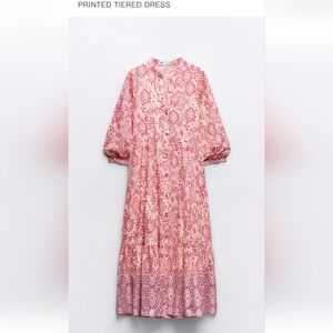 Zara Pink and White Printed Tiered Dress with Bishop Sleeves
